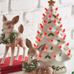 Raz 13" Lighted Vintage White Ceramic Christmas Tree With Holly And Red Bulbs 4419049