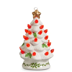 Raz 5" Lighted Vintage White Ceramic Tree With Holly And Red Bulbs Christmas Ornament 4419109