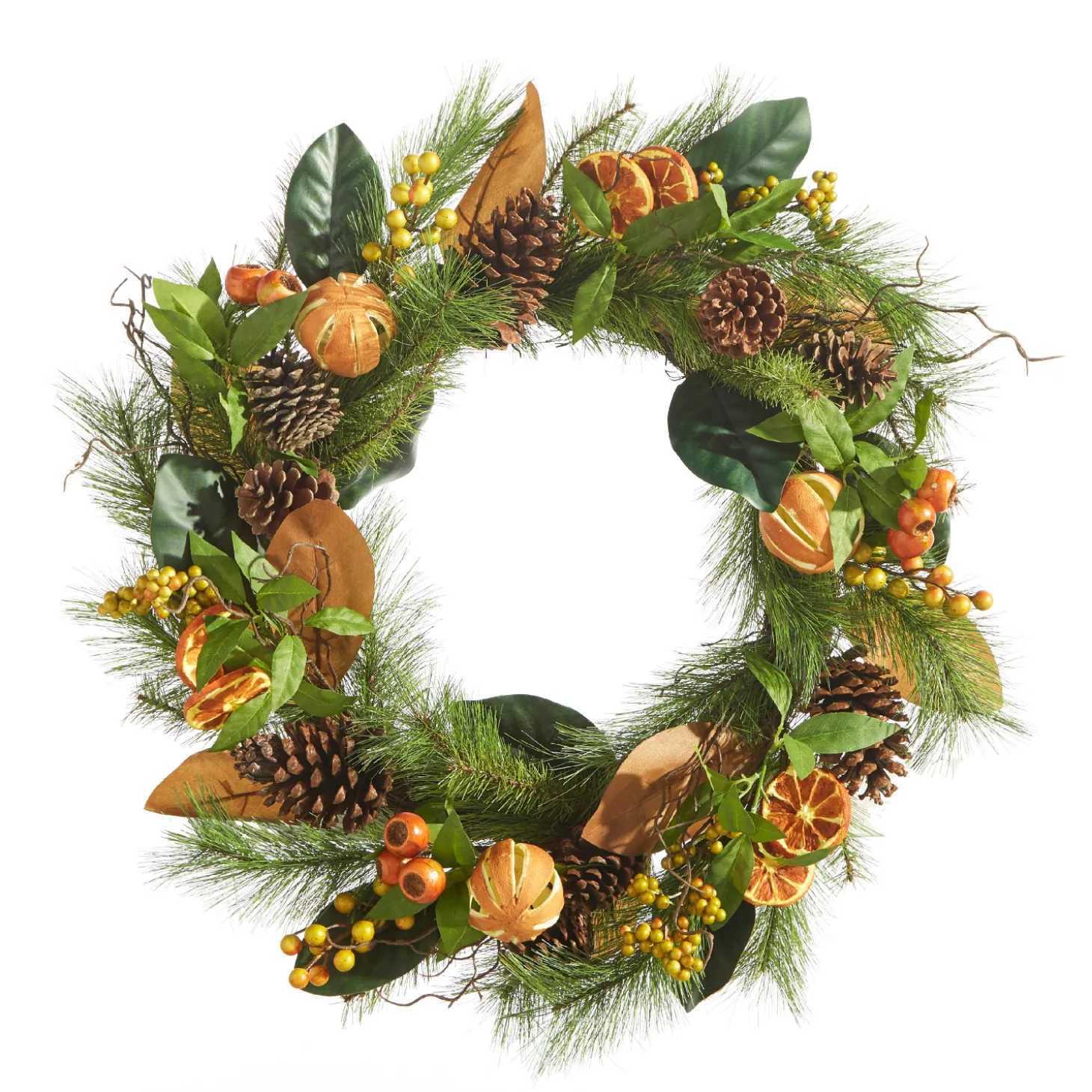 Raz 24" Mixed Magnolia Leaf And Orange Christmas Wreath W4302475