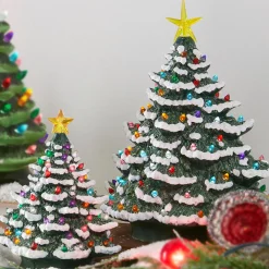 Raz 8" Or 13" Battery Operated Lighted Vintage Ceramic Christmas Tree With Snow Tips