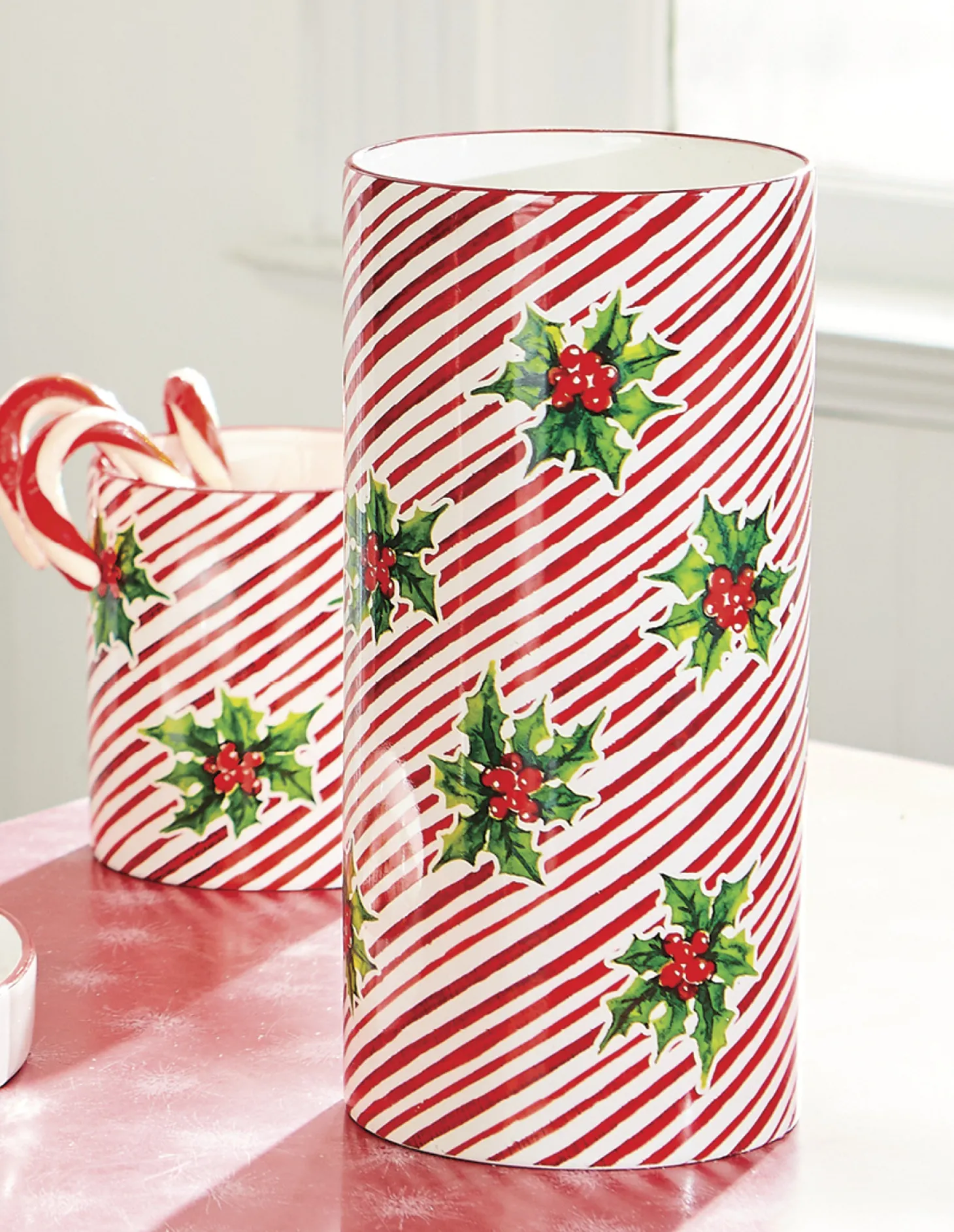 Raz 5.75" Or 12" Red And White Striped Holly Berry Christmas Container
