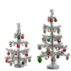 Raz 14" Or 19.5" Silver Vintage Tinsel Christmas Tree With Ornaments Figure