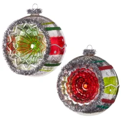 Raz 4" Red And Green Vintage Reflector Ball Glass Christmas Ornament 4352880