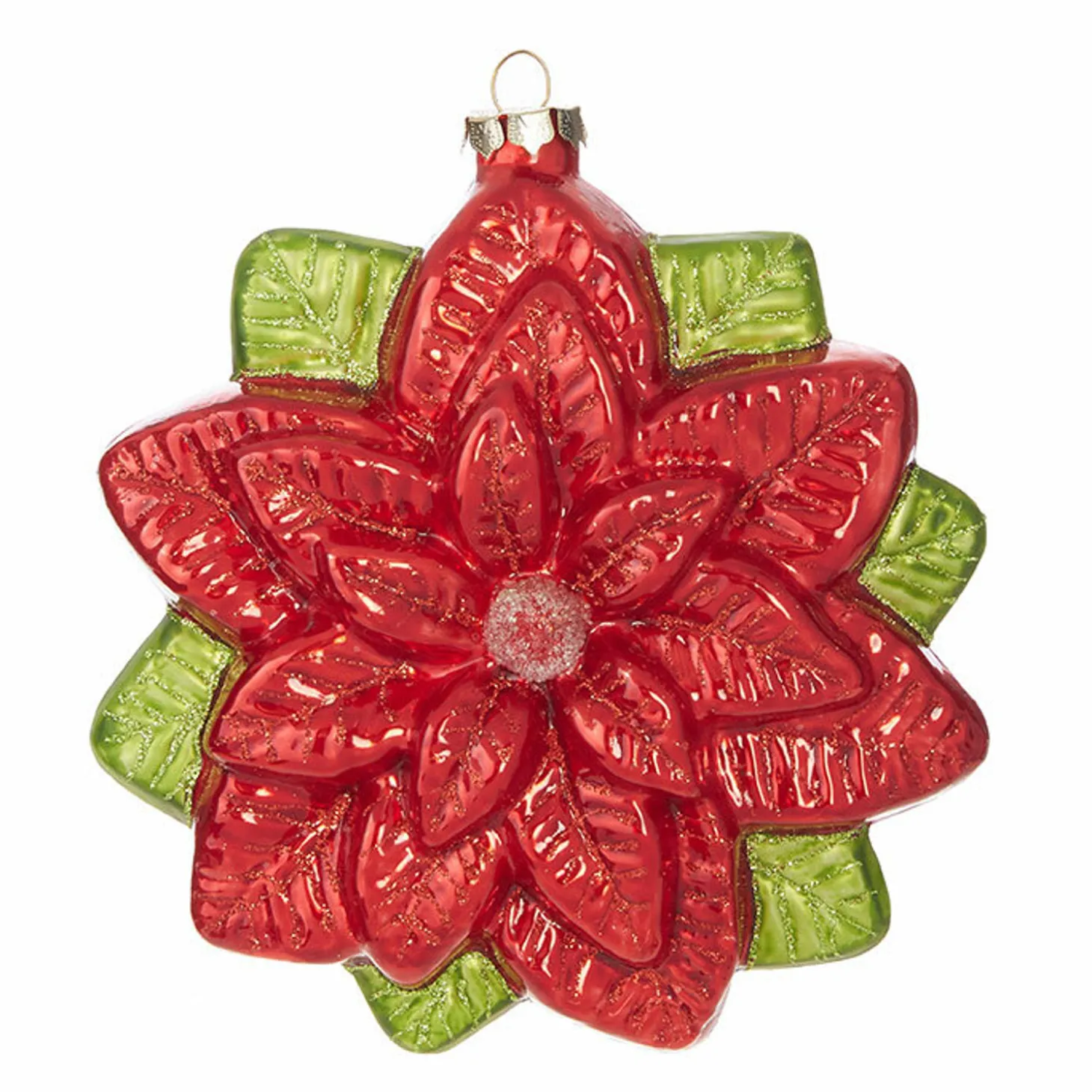 Raz 6.5" Red Glitter Poinsettia Glass Christmas Ornament 4019189