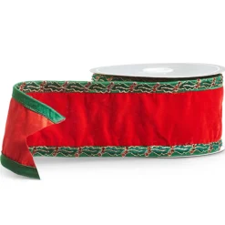 Raz 4" Red Velvet With Holly Trim Wired Christmas Ribbon R4471765