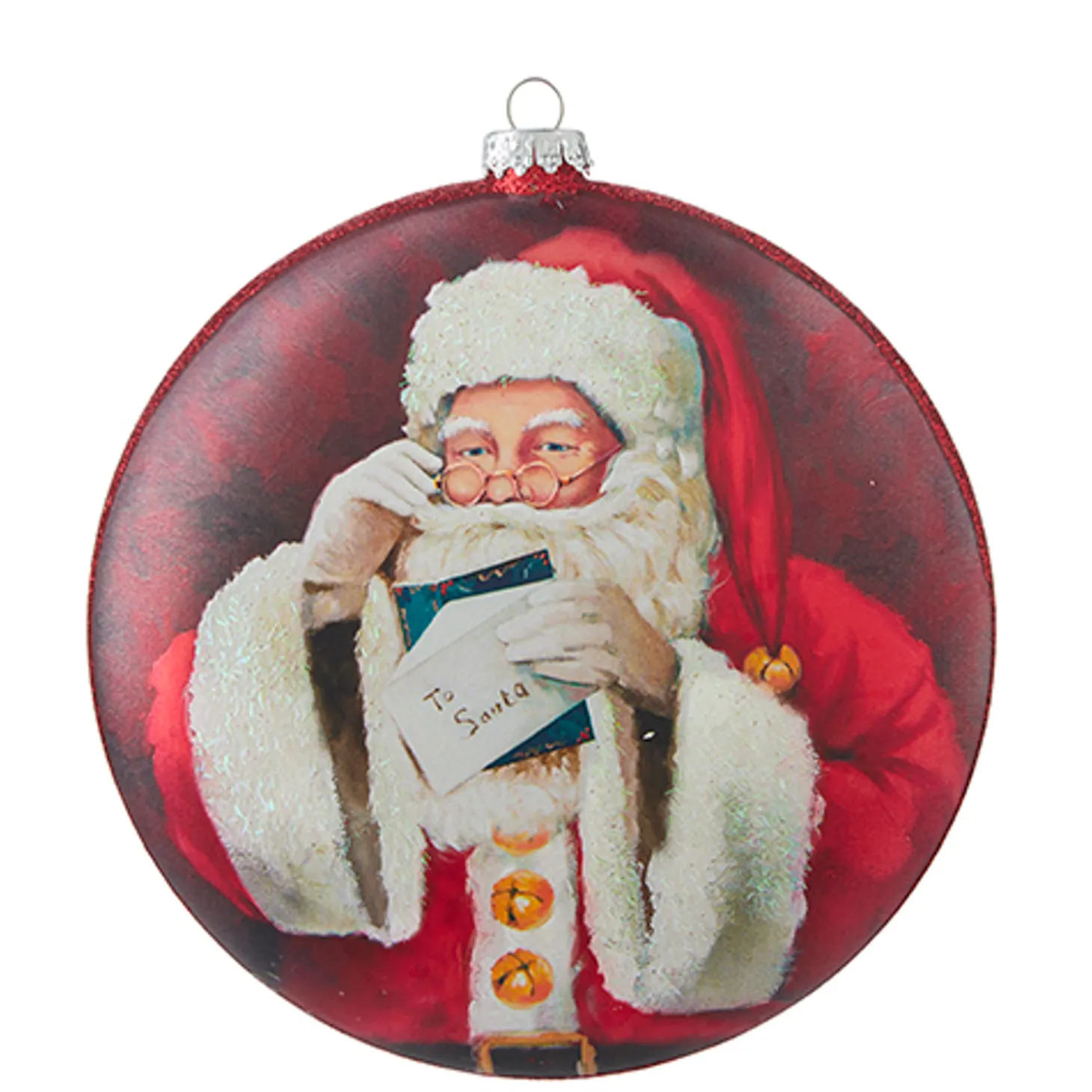 Raz 6" Santa Reading Letter Disc Glass Christmas Ornament 4252887