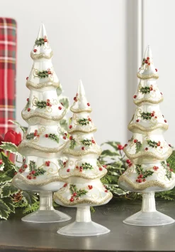 Raz 13.25" Set Of 3 Holly Patterned Jeweled Glass Christmas Tree Figure 4122863