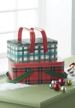 Raz 10.5" Set Of 2 Metal Plaid Handled Picnic Basket Christmas Decoration 4111234