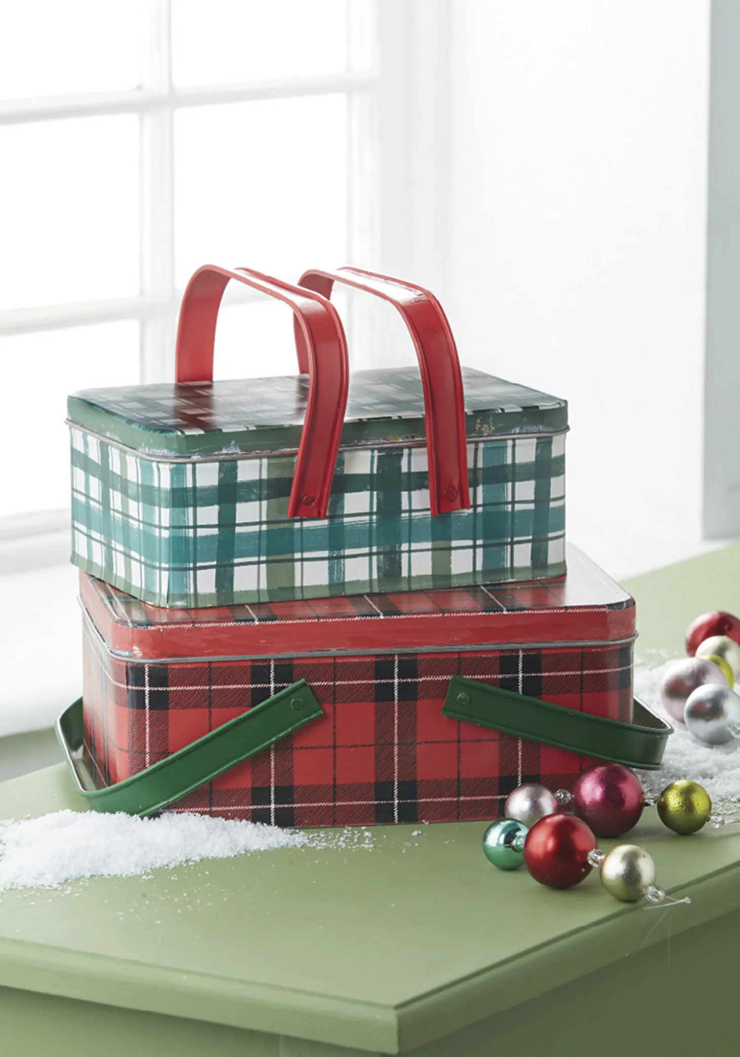 Raz 10.5" Set Of 2 Metal Plaid Handled Picnic Basket Christmas Decoration 4111234