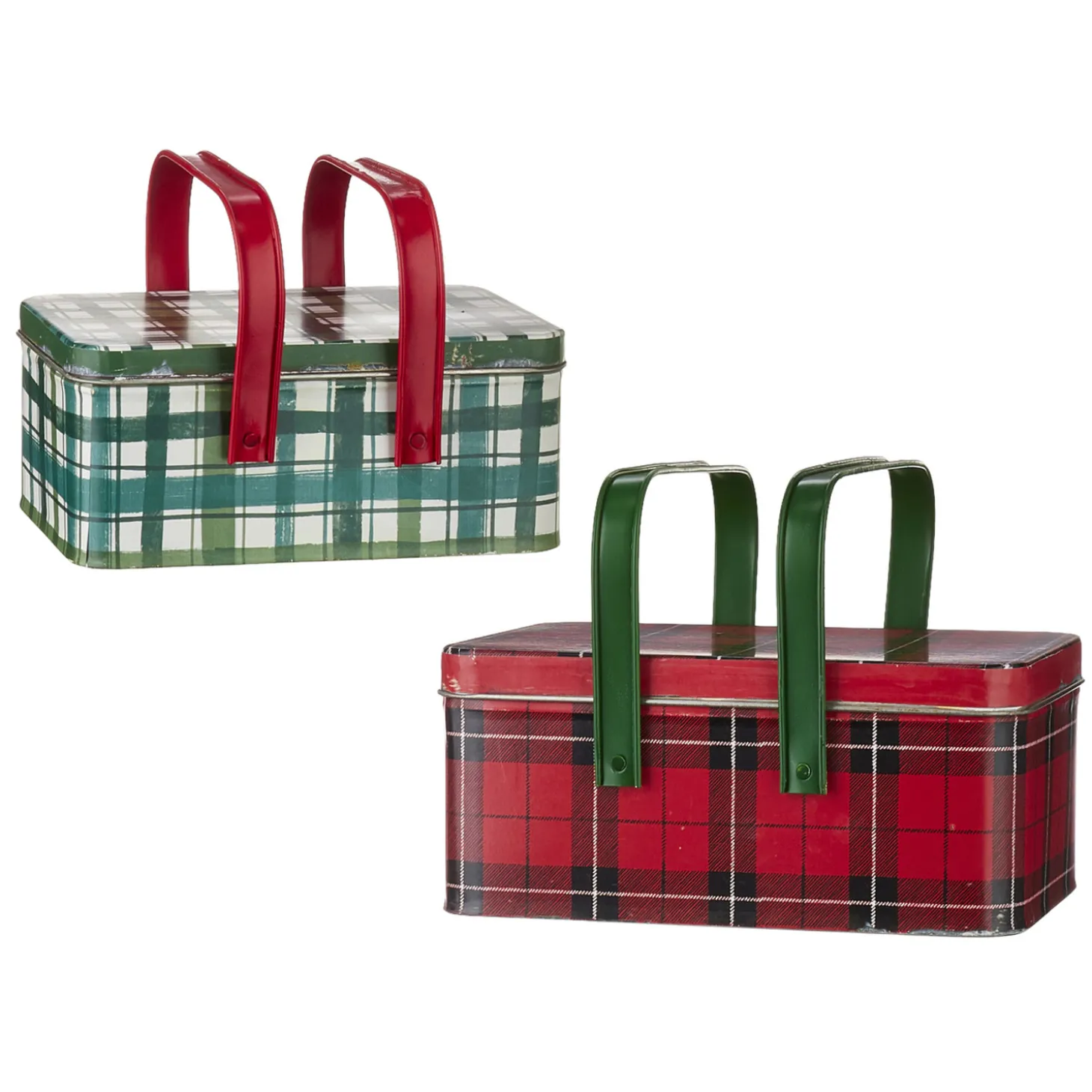 Raz 10.5" Set Of 2 Metal Plaid Handled Picnic Basket Christmas Decoration 4111234