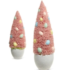 Raz Set Of 2 Potted Pink Bottle Brush Trees With Egg Ornaments 4415512