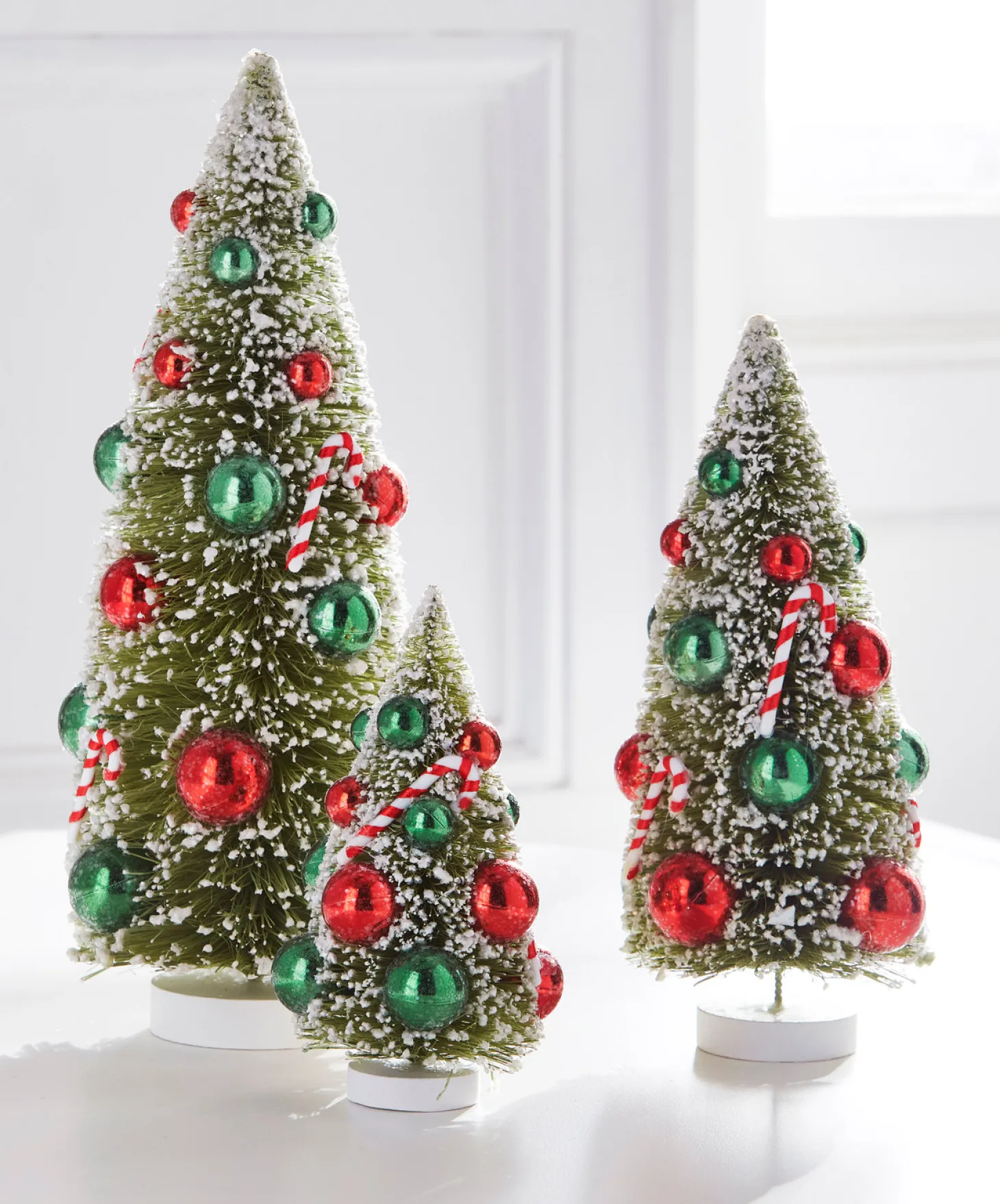 Raz 12" Set Of 3 Snowy Christmas Bottle Brush Trees With Candy Cane Ornaments 4416110