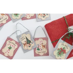 Raz 9.5" Set Of 4 Vintage Inspired Postcard With Tinsel Christmas Ornament 4216149