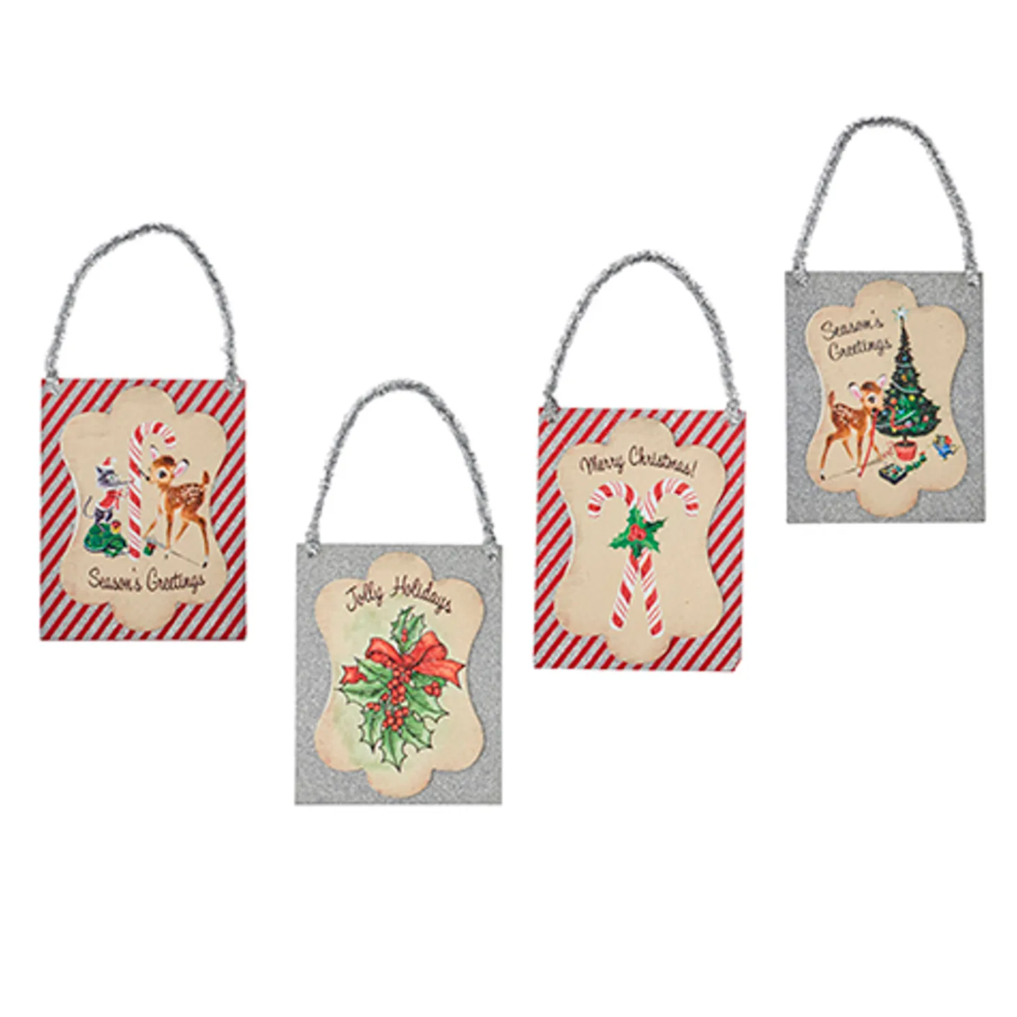 Raz 9.5" Set Of 4 Vintage Inspired Postcard With Tinsel Christmas Ornament 4216149