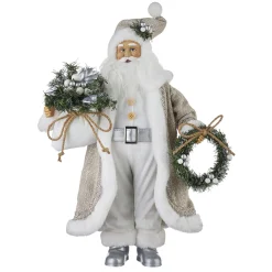 Raz 18" Silver And Tan Santa With Bag And Wreath Christmas Figure 4115579