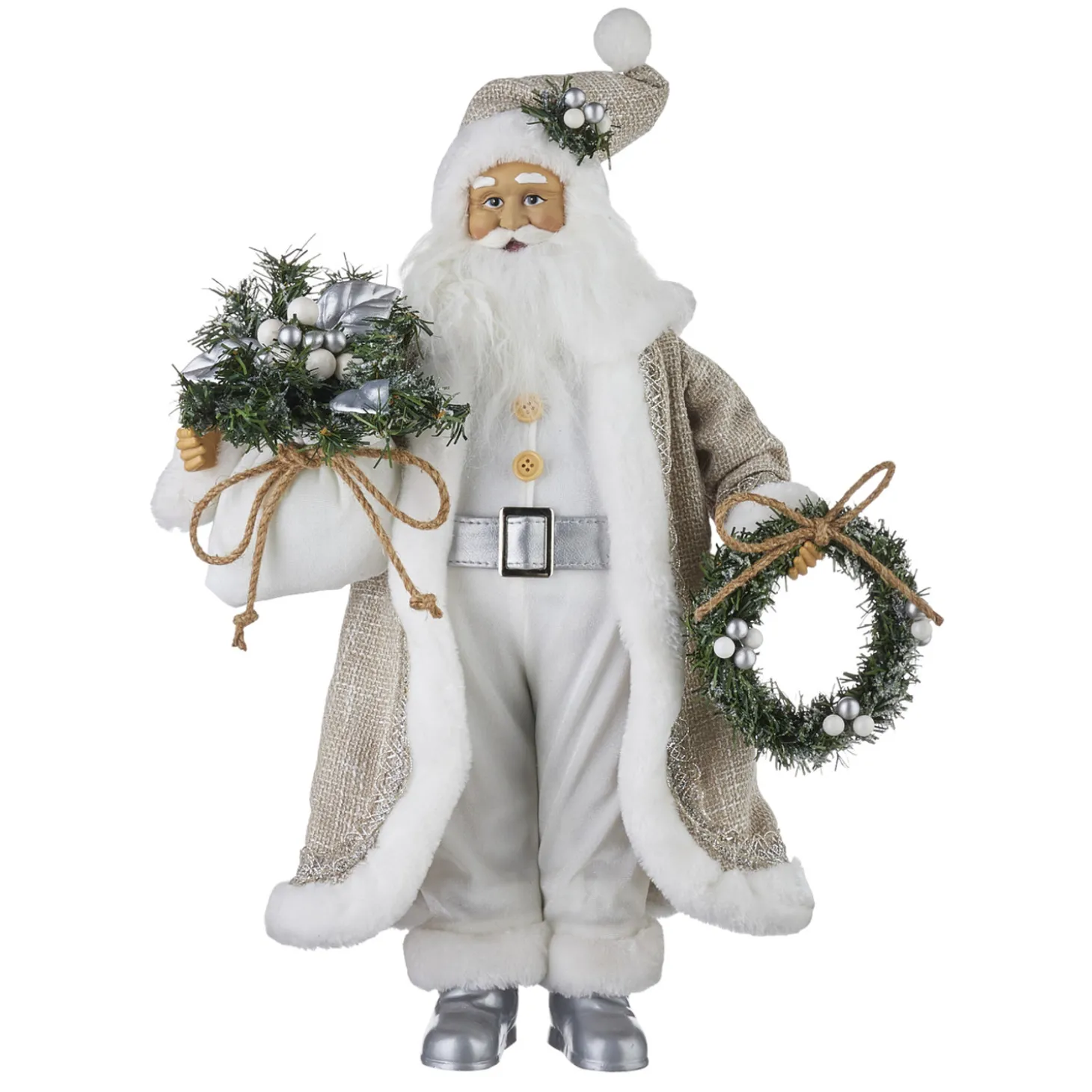 Raz 18" Silver And Tan Santa With Bag And Wreath Christmas Figure 4115579