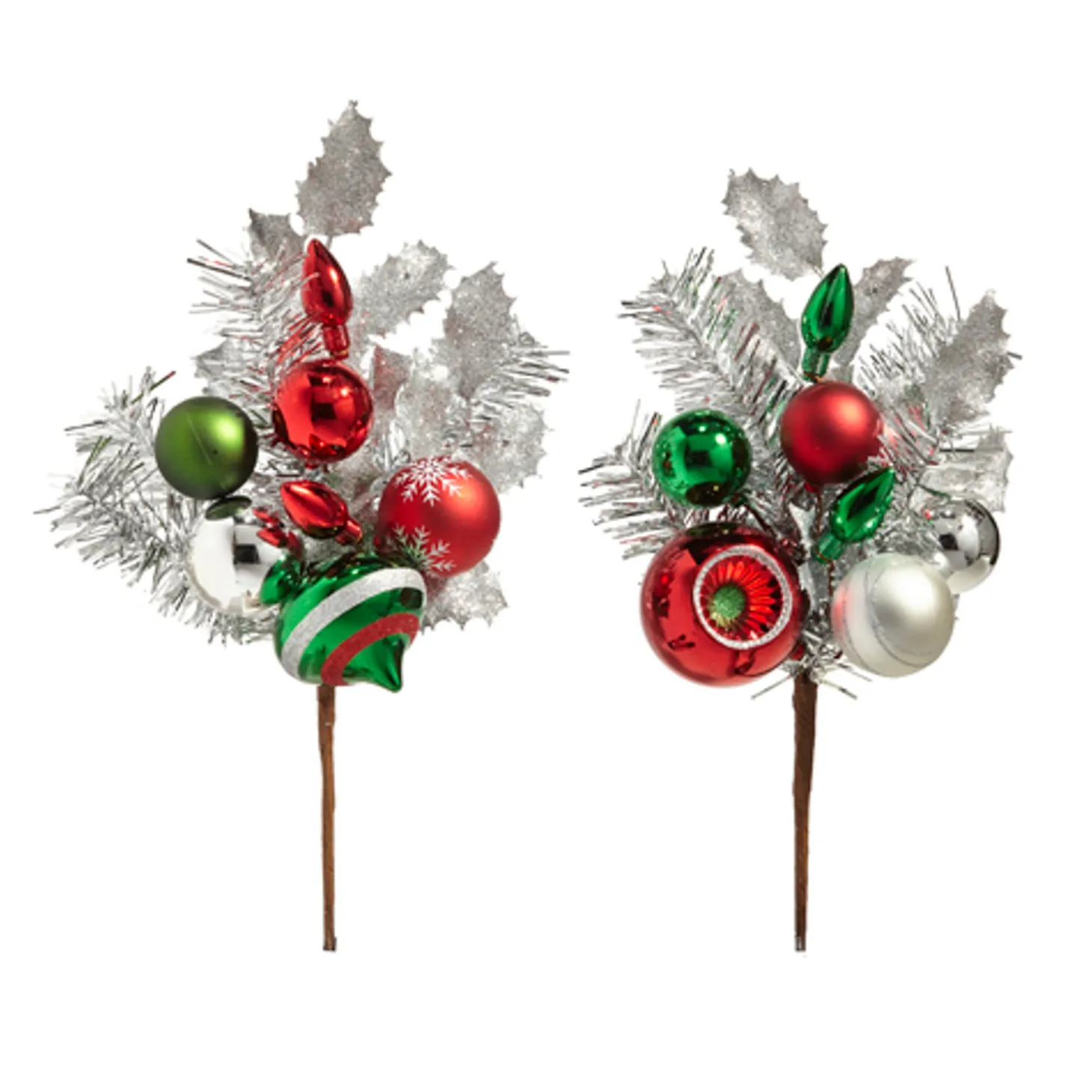 Raz 16" Silver Tinsel Christmas Tree Pick With Retro Ornaments F4402426