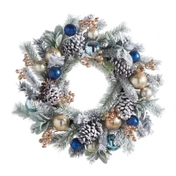 Raz 24" Snowy Mixed Greenery And Blue And Gold Ornament Christmas Wreath W4302540