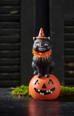 Raz 9.5" Vintage Inspired Cat On Pumpkin Halloween Figure Decoration 4416206