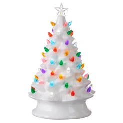 Raz 13" Vintage Lighted White Ceramic Christmas Tree With Timer 4119131