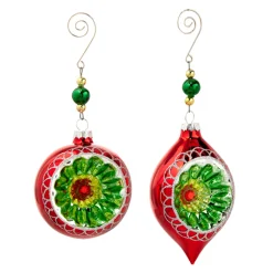 Raz 6" Vintage Red And Green Glass Reflector Christmas Ornament With Hanger 4412512