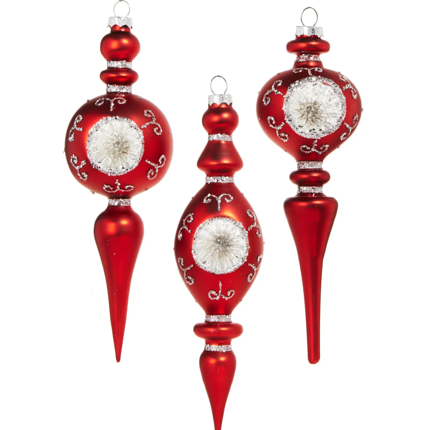 Raz 8.25" Vintage Red Finial Glass Christmas Ornament With Silver Reflectors 4320863