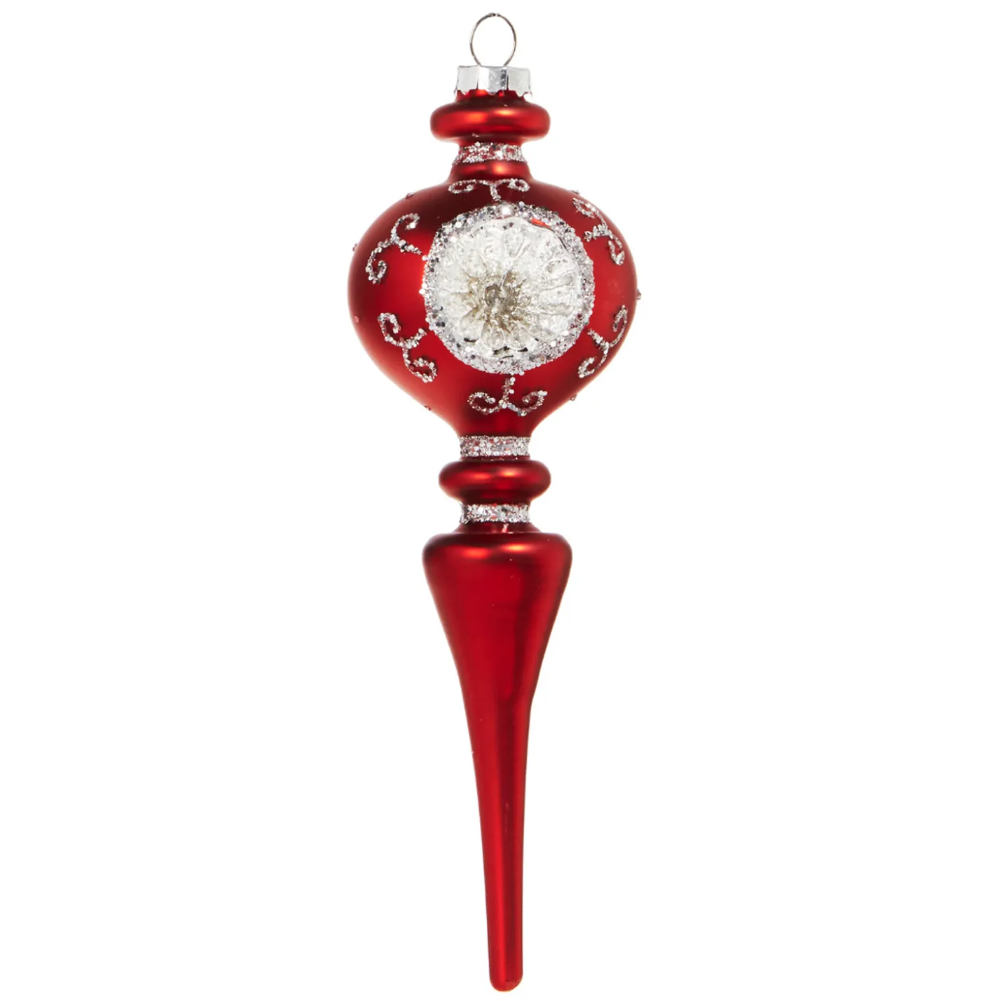 Raz 8.25" Vintage Red Finial Glass Christmas Ornament With Silver Reflectors 4320863