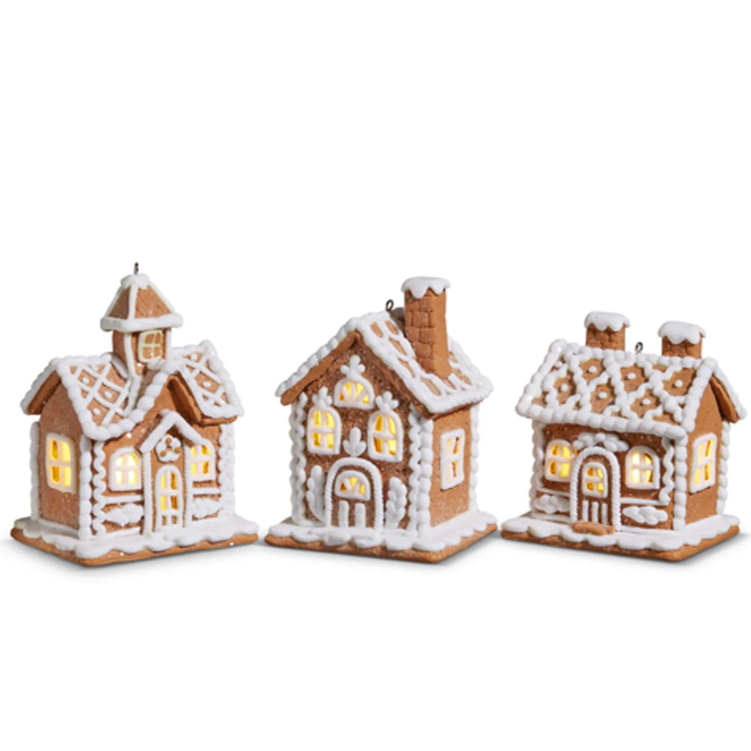 Raz 4.25" White And Brown Lighted Gingerbread House Christmas Ornament Set Of 3 4416149