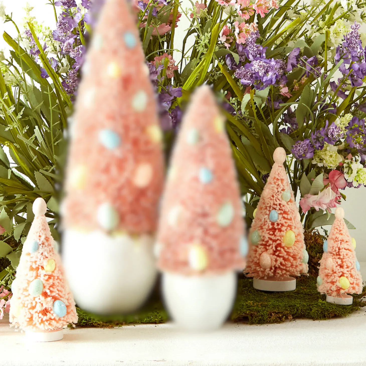 Raz Box Of 3 Pink Bottle Brush Trees With Egg Ornaments 4415510