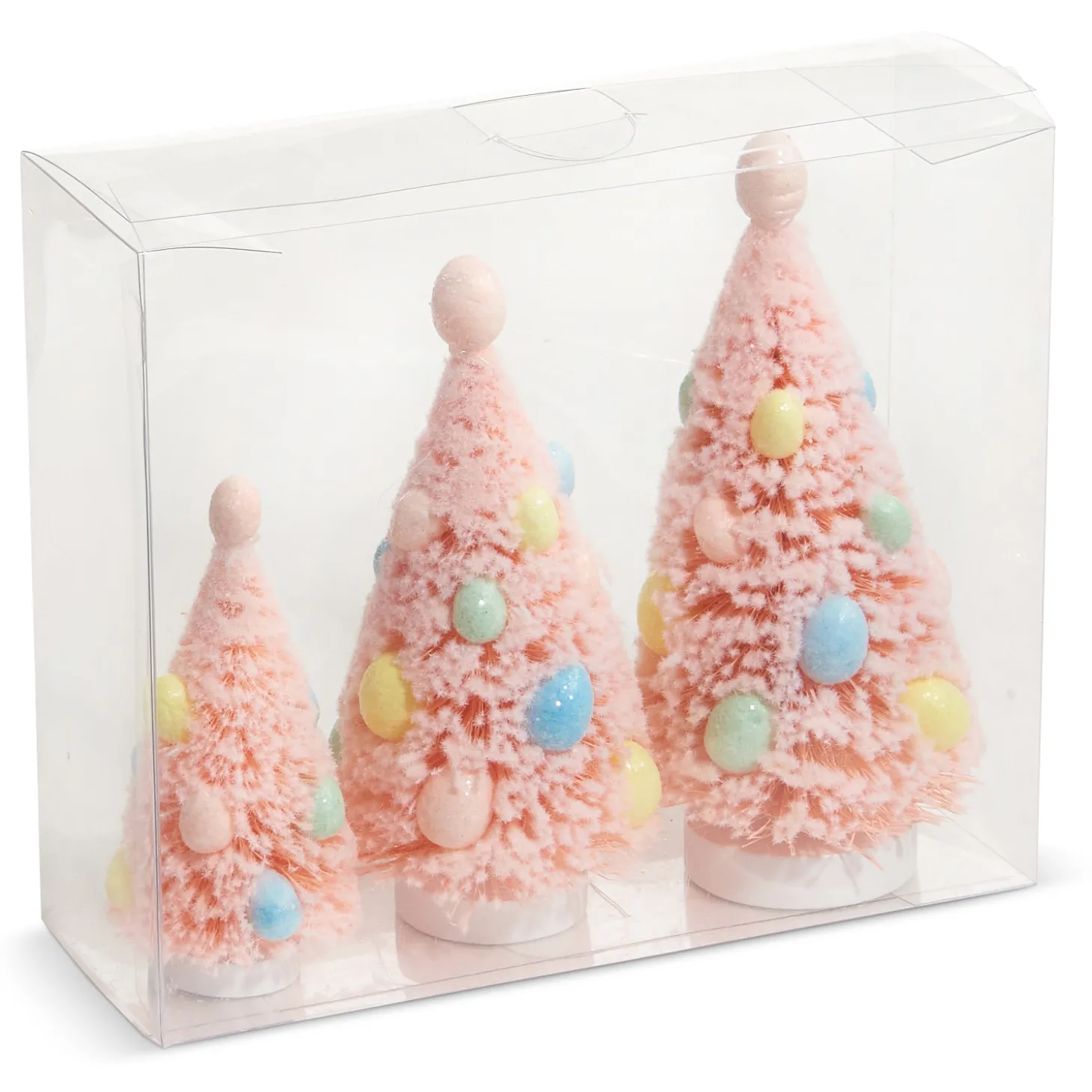 Raz Box Of 3 Pink Bottle Brush Trees With Egg Ornaments 4415510