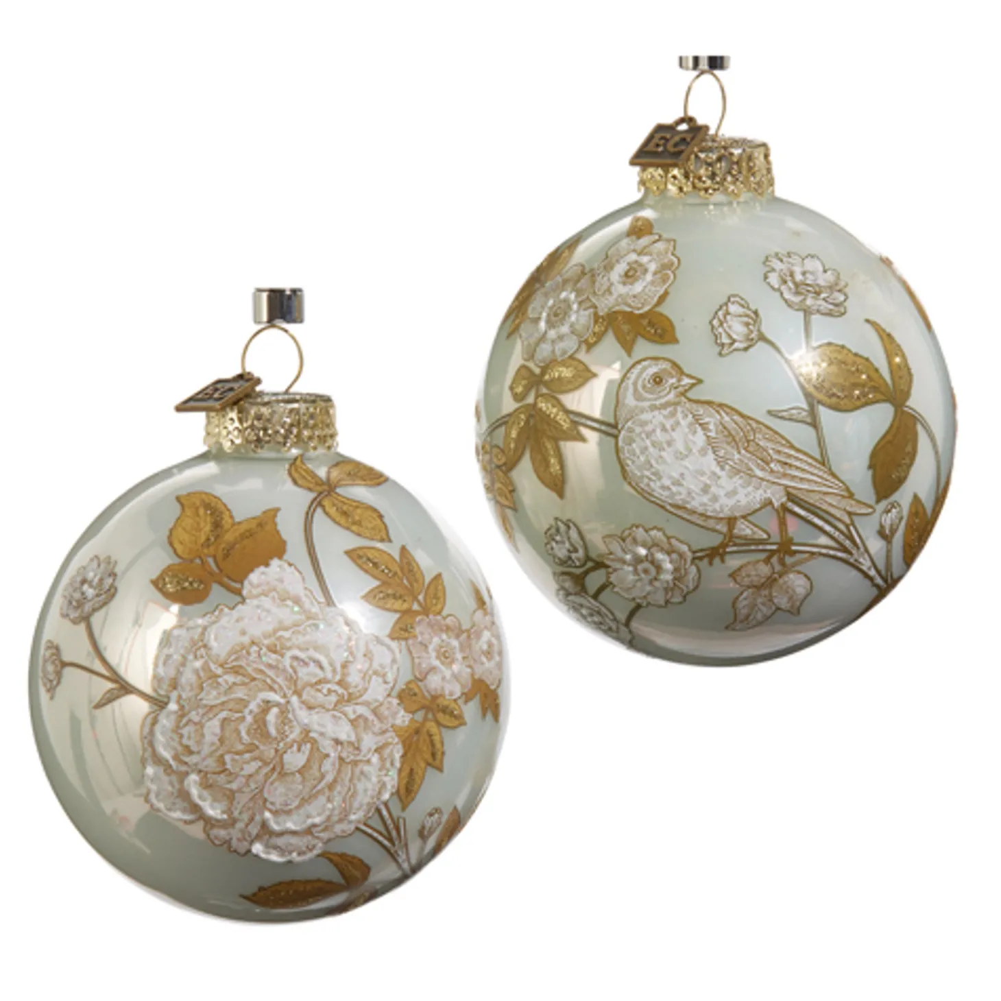 Raz Eric Cortina 3.5" Ivory And Gold Flora And Fauna Ball Glass Christmas Ornament 4453144
