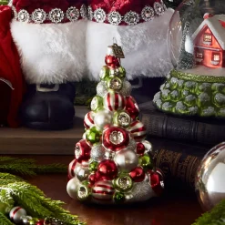Raz Eric Cortina 5.5" Red, Green, And White Reflector Tree Glass Christmas Ornament 4353167