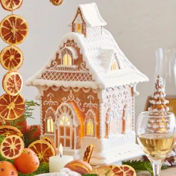 Raz Lighted Brown And White Christmas Gingerbread House Decoration