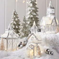 Raz Lighted Silver Church Or Pagoda Glass Christmas House Decoration