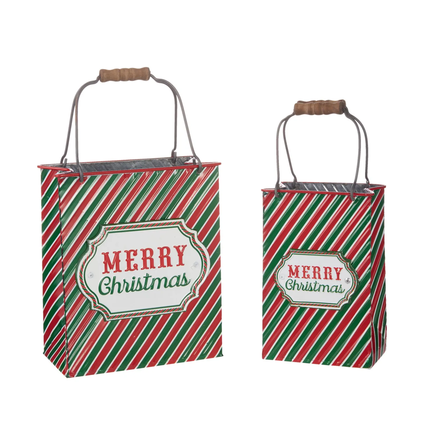 Raz Metal Set Of 2 Merry Christmas Striped Shopping Bag Decoration 4012357