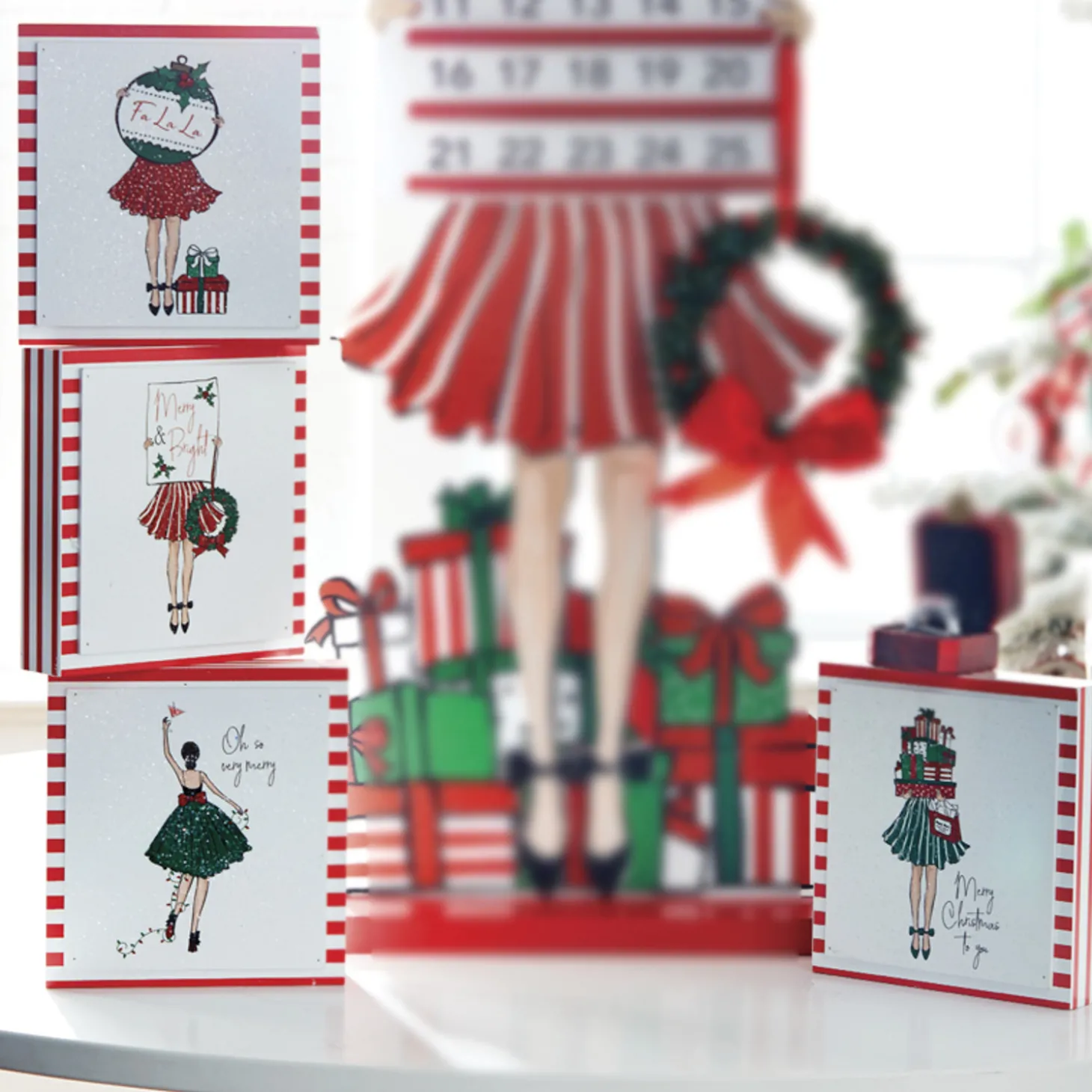 Raz Set Of 4 6" Holiday Shopper Block Christmas Signs 4016290