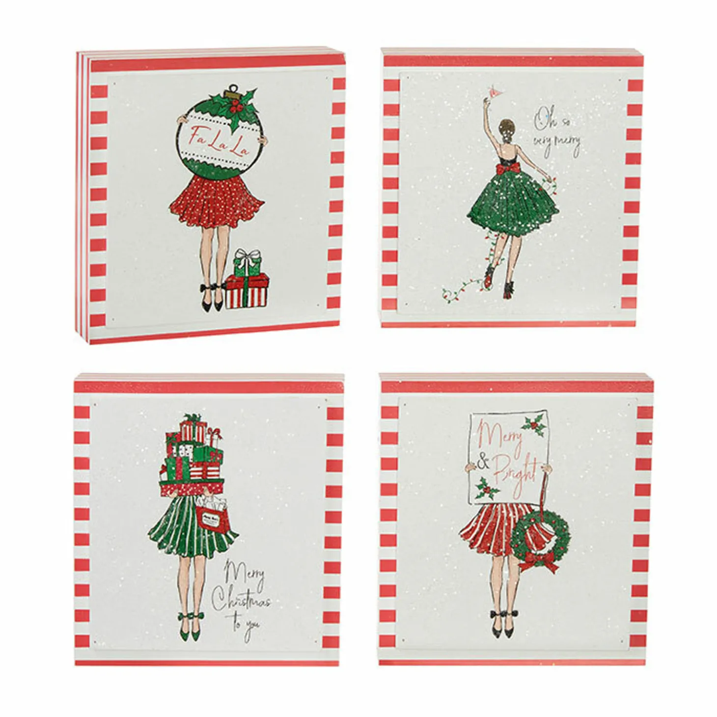 Raz Set Of 4 6" Holiday Shopper Block Christmas Signs 4016290