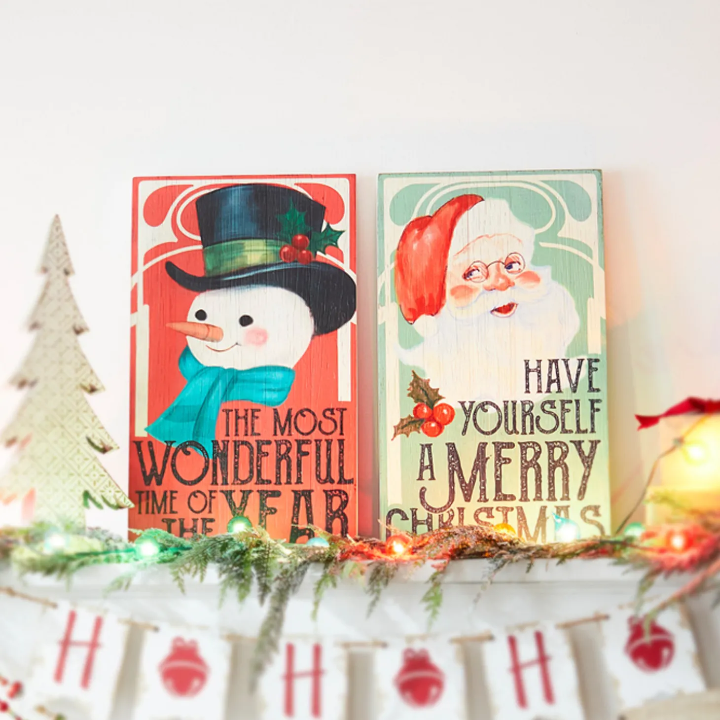 Raz Set Of 2 28" Vintage Christmas Snowman And Santa Wood Wall Art Signs 4328035