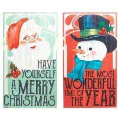 Raz Set Of 2 28" Vintage Christmas Snowman And Santa Wood Wall Art Signs 4328035