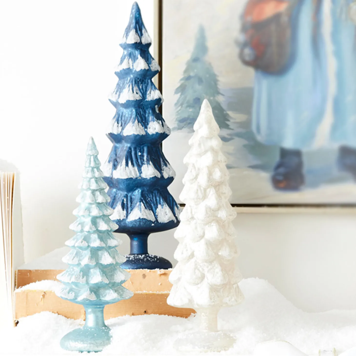 Raz Set Of 3 Blue And White Snowy Glass Christmas Trees 4222914