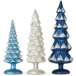 Raz Set Of 3 Blue And White Snowy Glass Christmas Trees 4222914
