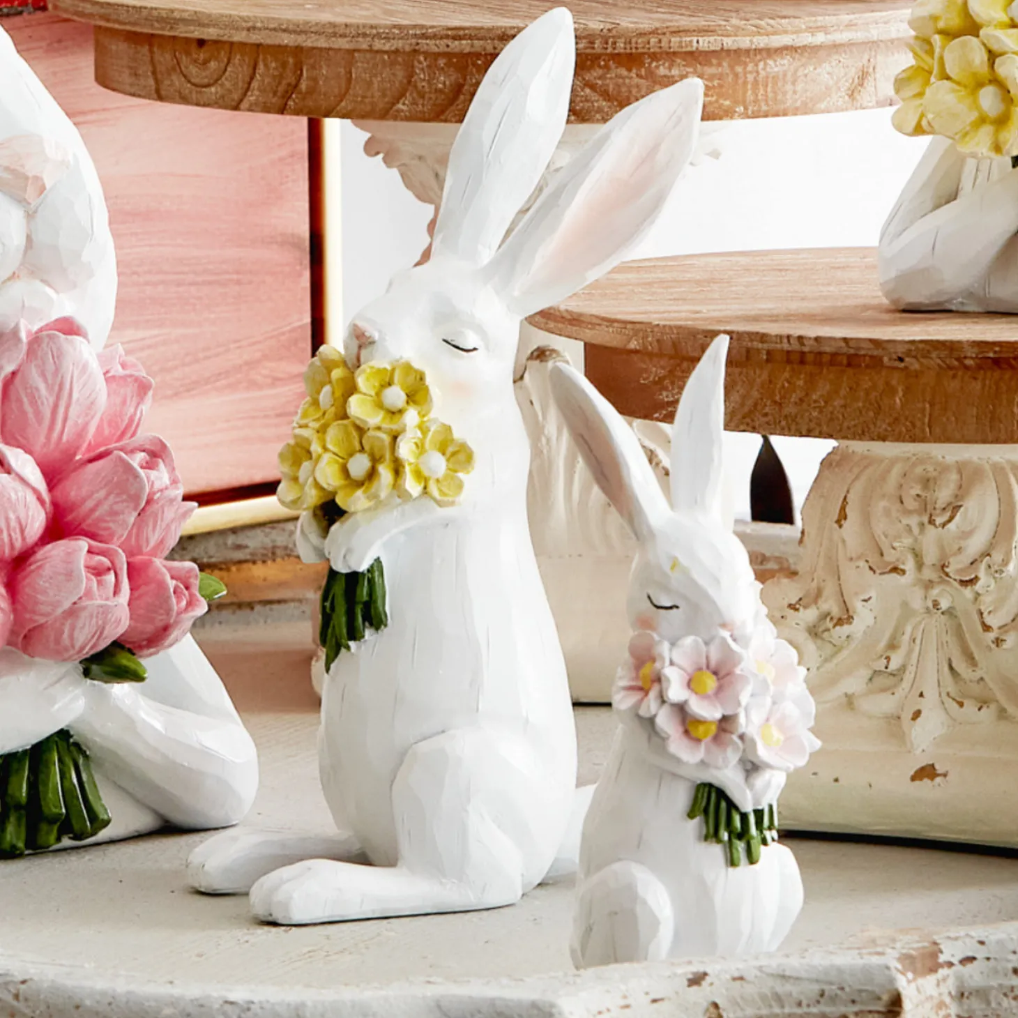 Raz Set Of 2 Bunnies With Flowers Spring Decoration 4411159