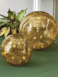 Raz Set Of 2 Gold Mercury Glass Lighted Ball Christmas Decoration 4222802