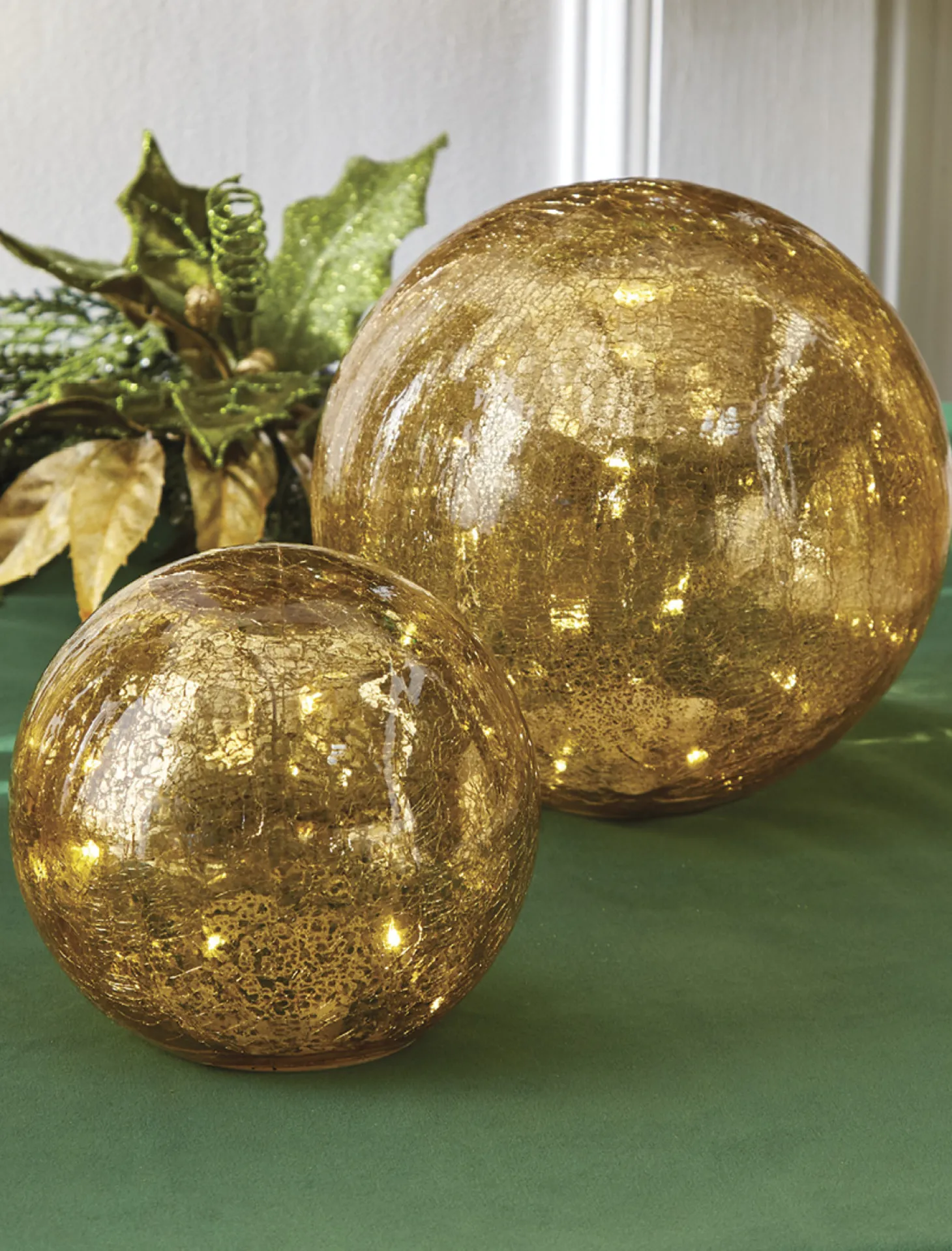 Raz Set Of 2 Gold Mercury Glass Lighted Ball Christmas Decoration 4222802