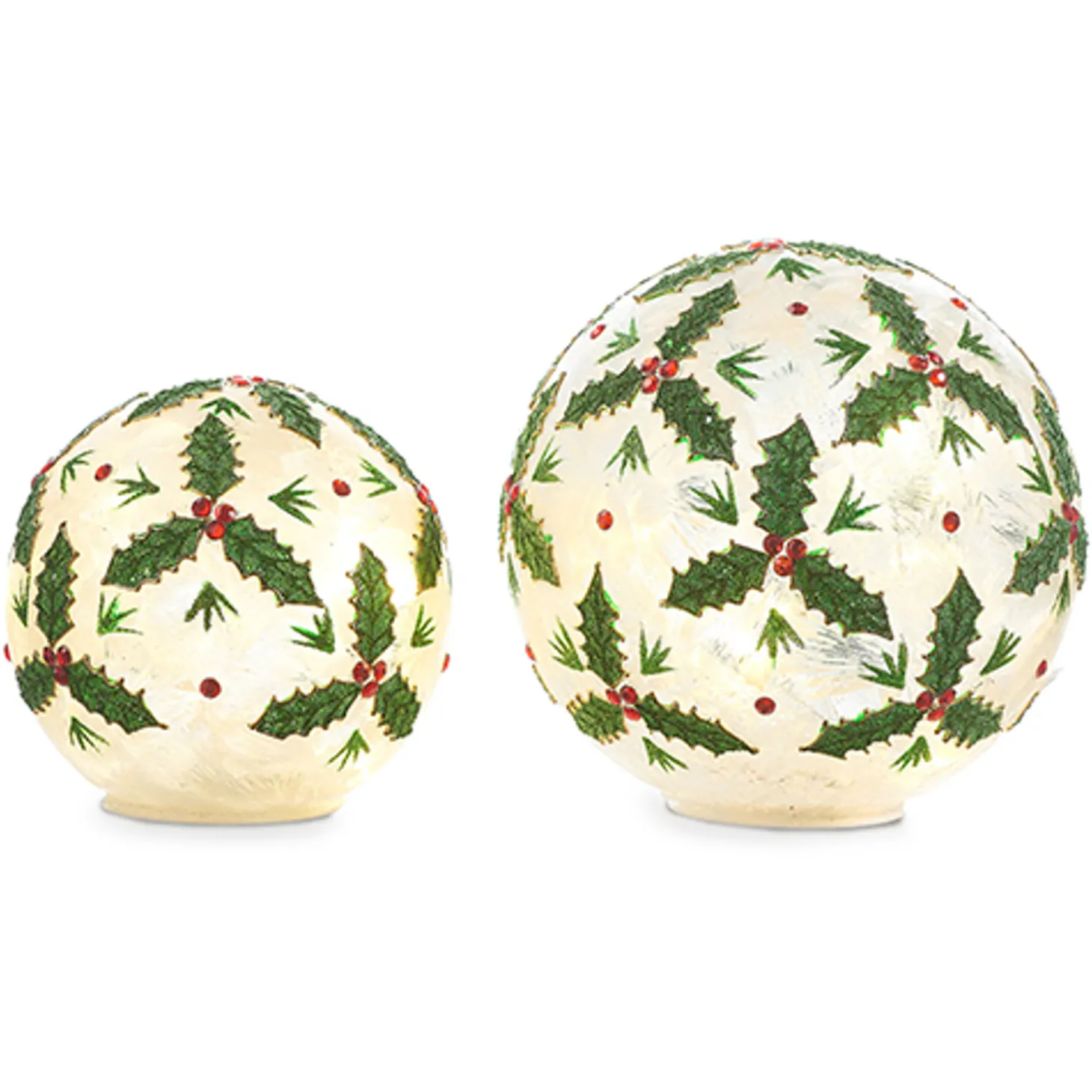 Raz Set Of 2 Holly Leaf Battery Operated Lighted Ball Glass Christmas Decoration 4322866