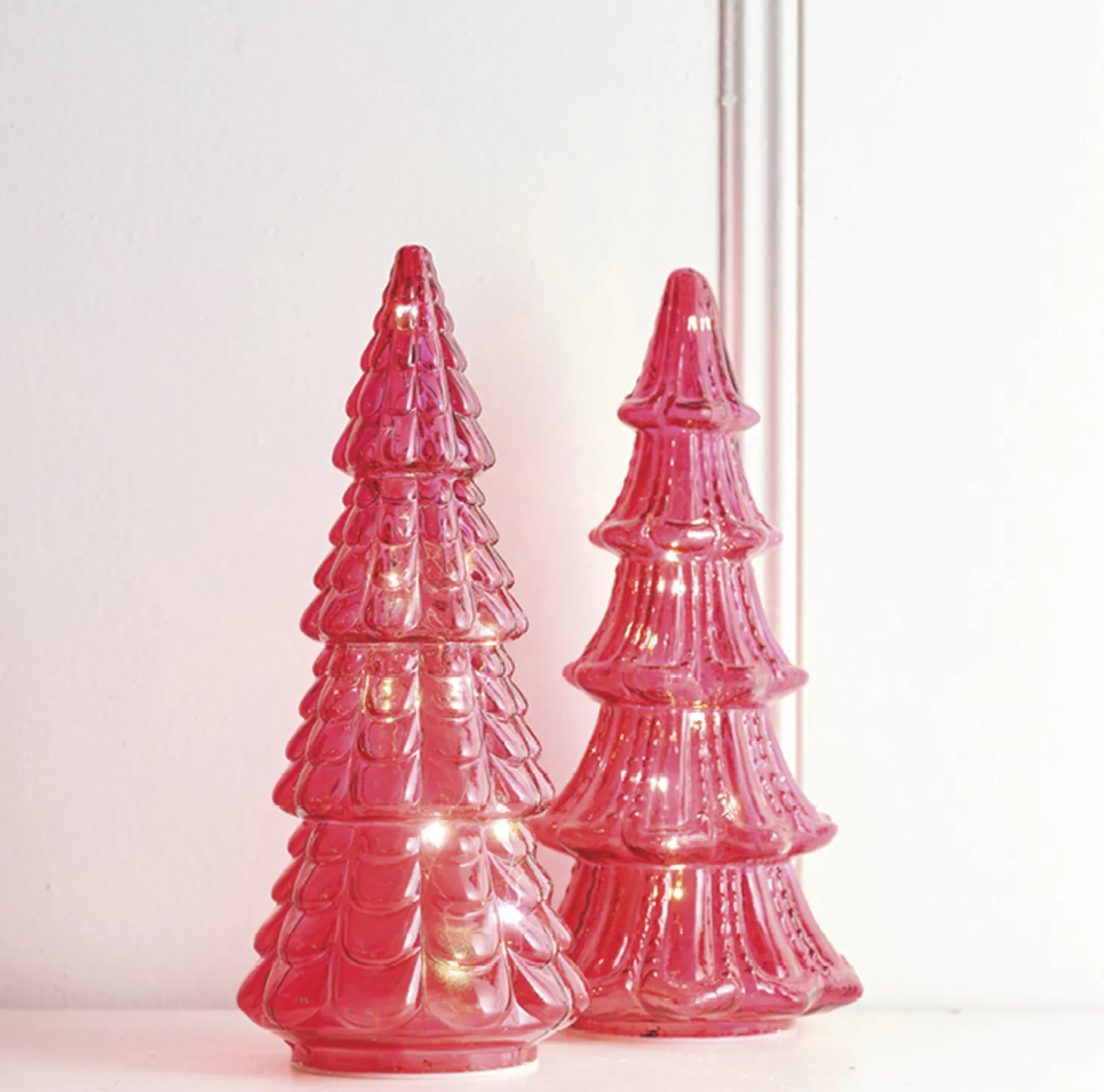 Raz Set Of 2 Pink Textured Glass Lighted Christmas Tree Decoration 4220113