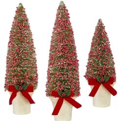 Raz Set Of 3 Potted Bottle Brush Trees With Red Berries Christmas Figure 4114106
