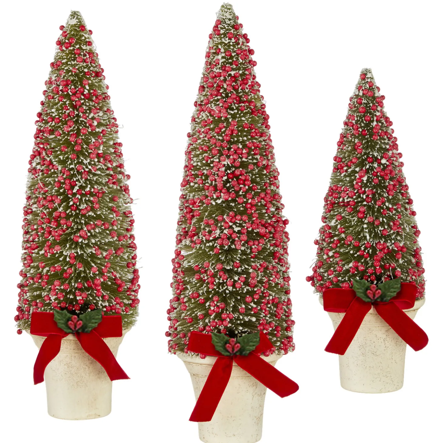 Raz Set Of 3 Potted Bottle Brush Trees With Red Berries Christmas Figure 4114106