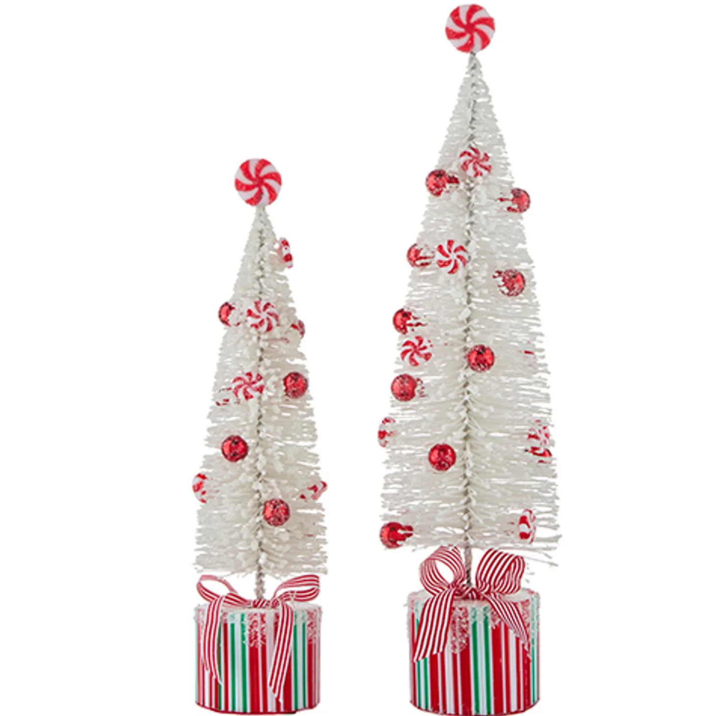 Raz Set Of 2 White Peppermint Bottle Brush Tree On Presents Christmas Figure 4215546