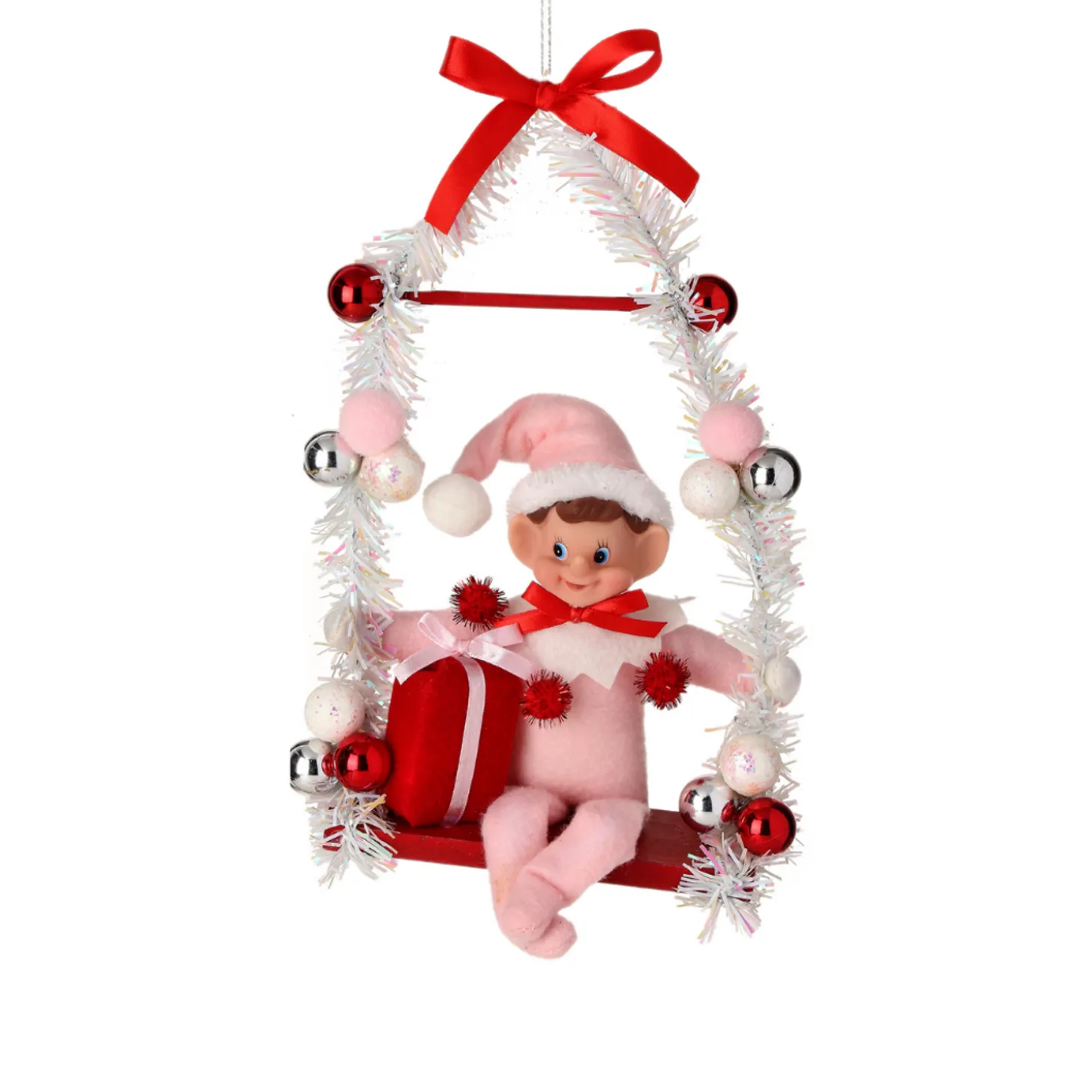 Regency 12" Pink Or Red Pixie Elf On Swing Christmas Ornament MTX74256